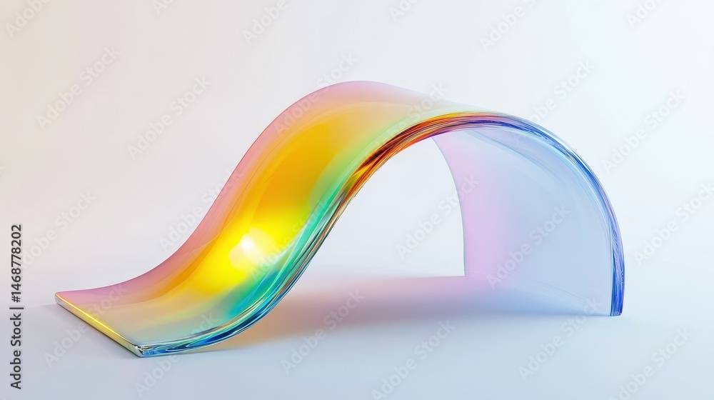 Poster close-up of a translucent curved object exhibiting a rainbow refraction effect against a neutral bac