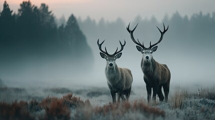 Deer encounter in a nature reserve misty morning wildlife photography serene landscape close-up view