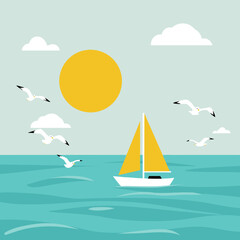 Naklejka premium Sailboat on blue ocean with seagulls and bright sun in clear sky 