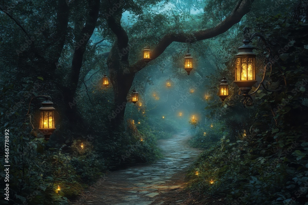 Poster enchanted forest path illuminated by glowing lanterns at twilight, forest path illuminated by lanter