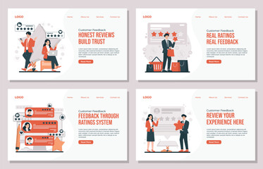 Landing page template Customer feedback illustration set showing people giving reviews and star ratings to improve service and product quality