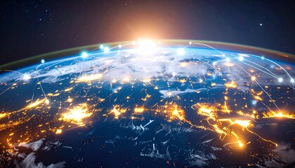 Visualization of virtual international logistics routes in the form of connected arrows and lines on digital globe