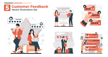 Customer feedback illustration set showing people giving reviews and star ratings to improve service and product quality
