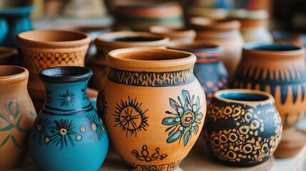 Beautiful handmade clay pots with intricate artistic designs displayed on rustic wooden surface