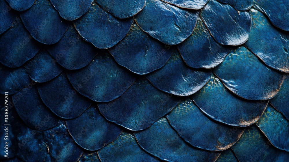 Poster close-up view of iridescent blue scales reflecting light in an intricate pattern on a textured surfa