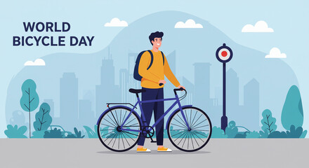 Fototapeta premium Urban Man with Bicycle Celebrating World Bicycle Day – Promoting Eco-Friendly City Commuting