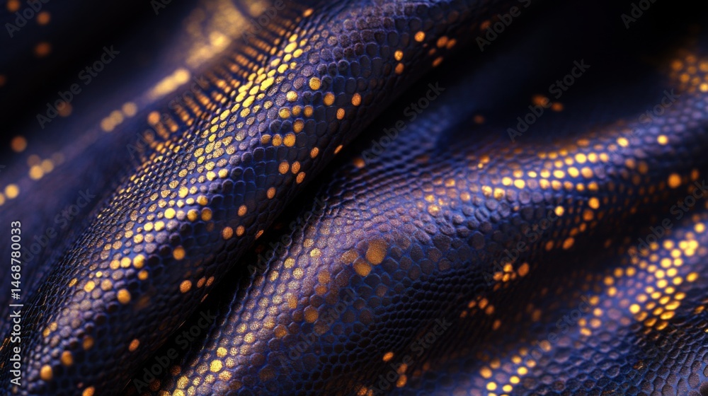 Poster detailed close-up of shimmering fabric showcasing intricate patterns and vibrant colors under soft l