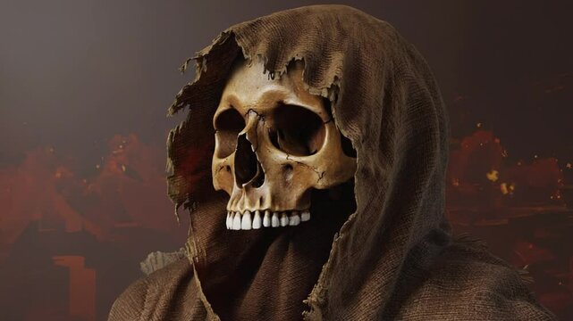 Creepy Skull with Torn Hood on Dark Background close-up