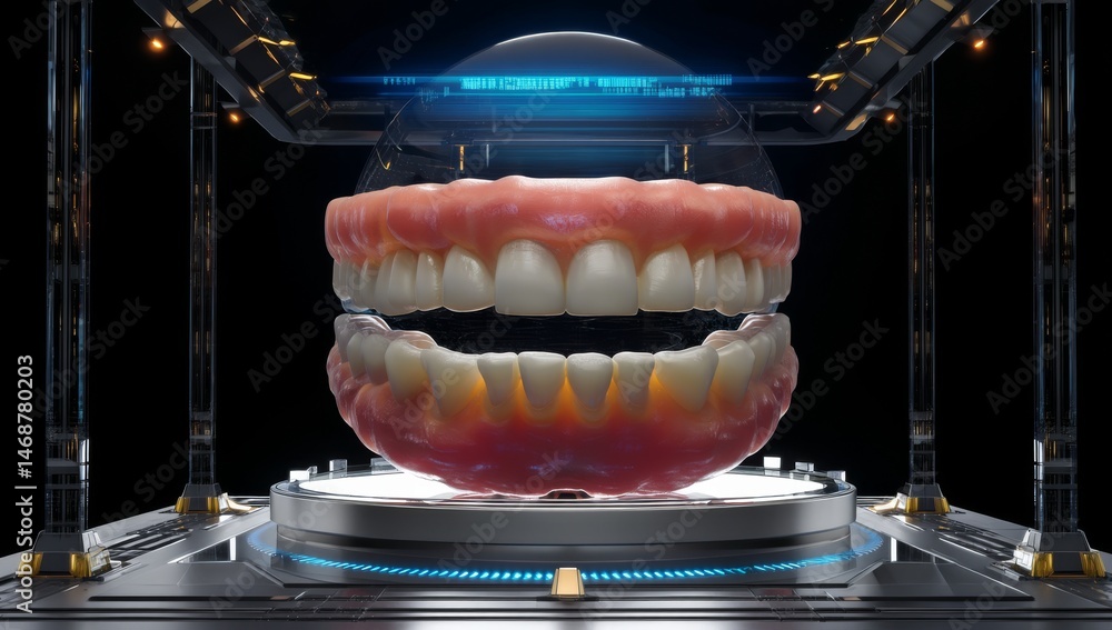 Poster futuristic dentures display in high-tech setting