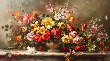 Fototapeta premium A vibrant bouquet of mixed flowers in a decorative vase on a table.