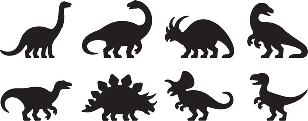 Black silhouette collection of diverse dinosaur silhouettes suitable for various design purposes