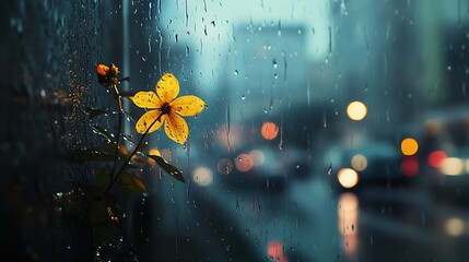 Fototapeta premium A yellow flower viewed through a rainy window.