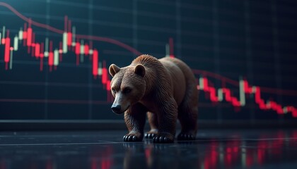 Bear figurine in front of bearish stock market chart for finance concept