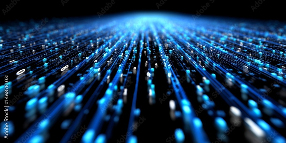 Poster abstract futuristic data flow with glowing blue lines and binary code on black background, high-spee