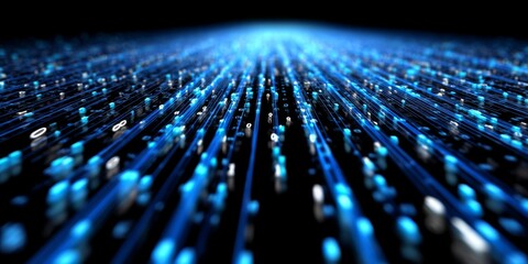 Abstract Futuristic Data Flow with Glowing Blue Lines and Binary Code on Black Background, High-Speed Digital Communication Technology Concept