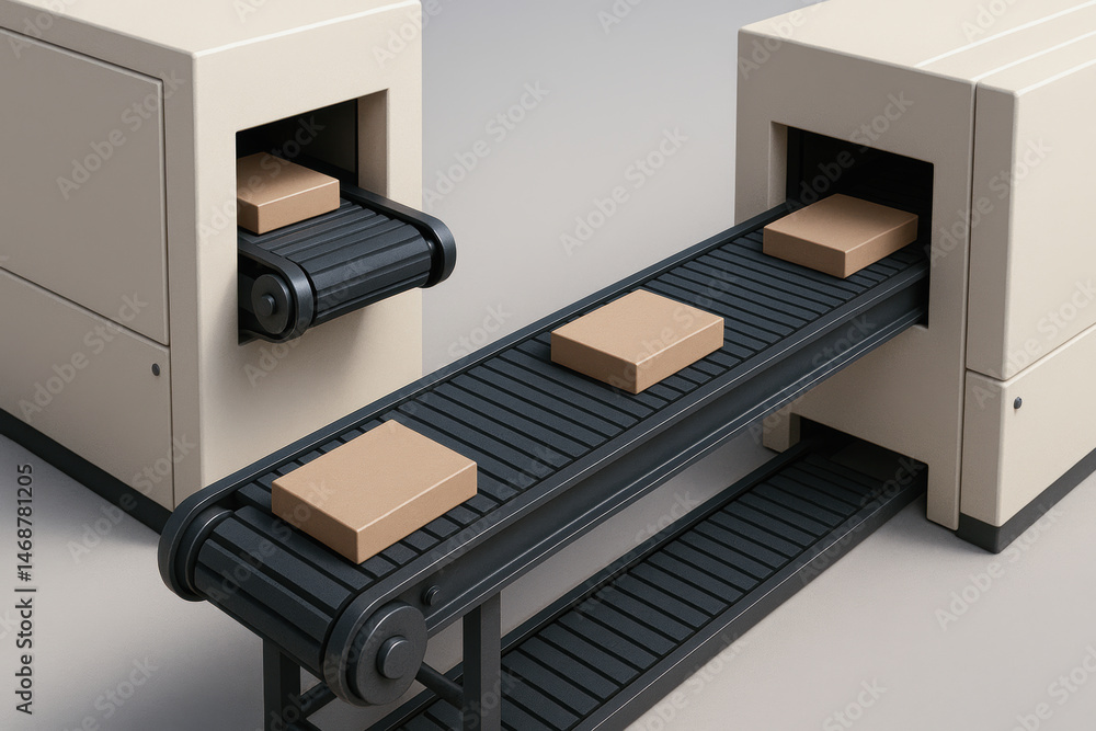 Poster conveyor belts move cardboard boxes through machinery in clean industrial setting with efficient aut