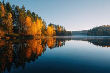 Autumn Landscape With Vibrant Trees and Calm Lake Reflecting Colorful Foliage at Sunrise Generative AI