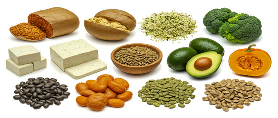 Naklejka premium Assortment of healthy plant based foods rich in vitamins and essential nutrients on white background