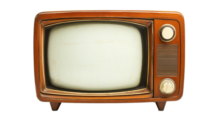 Solitary retro TV with polished wooden frame, antique entertainment technology, isolated on transparent background. PNG
