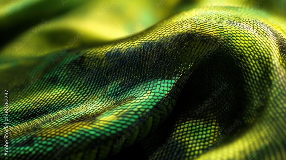 Poster close-up view of vibrant green fabric showcasing intricate texture and patterns in bright lighting