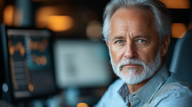 Focused Glance: A mature professional exudes confidence and experience as he gazes directly at the viewer, the office setting creating a dynamic background.