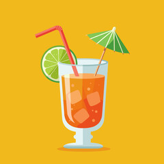 Refreshing cocktail with lime and umbrella on vibrant yellow background
