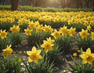 Fototapeta premium Sunlit field of vibrant yellow daffodils, petals glistening , petals, spring flowers
