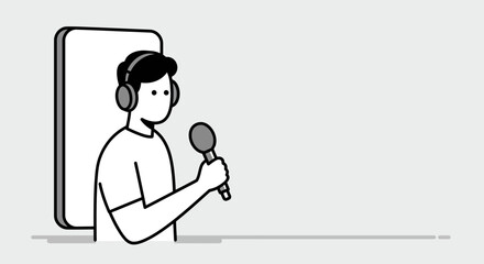 Minimalist illustration of a person podcasting with headphones and microphone