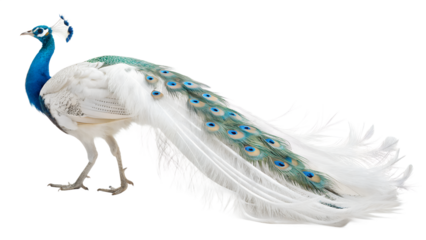 Stunning view of a magnificent white peacock with blue and green feathers isolated