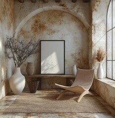 Rustic room interior scene with blank art frame.