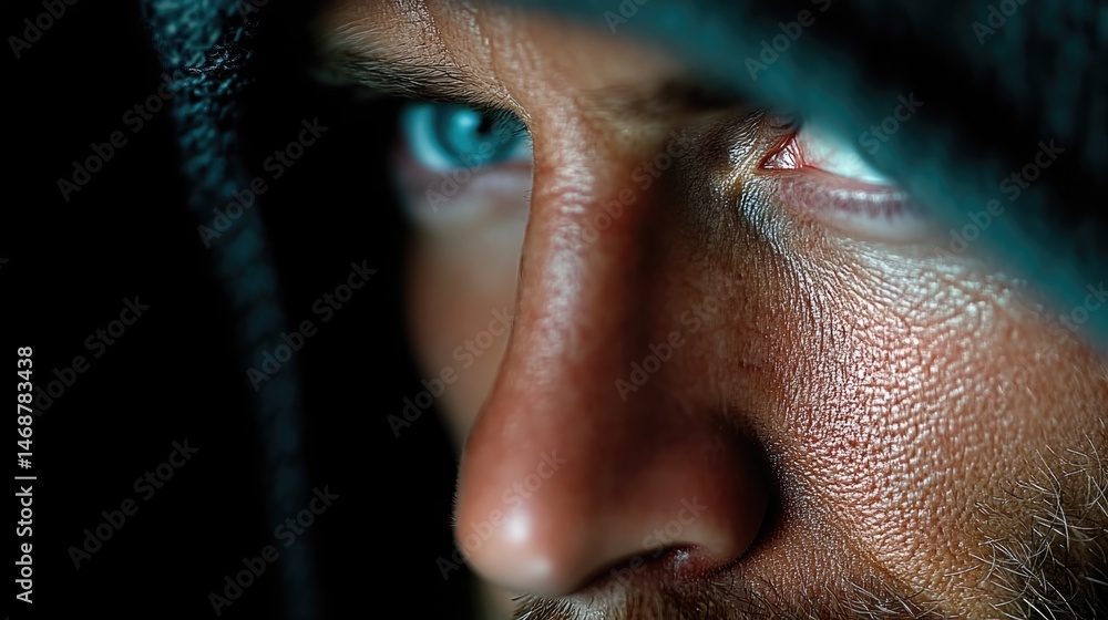Poster hacker in dark hoodie analyzing data digital workspace glowing screen reflections intense focus