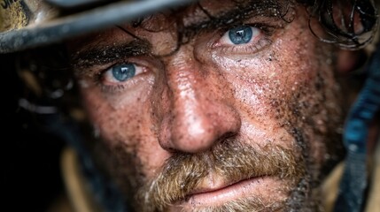 Obraz premium Heroic firefighter's gritty portrait after battle urban setting emotional close-up intense atmosphere