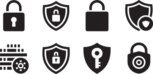 Collection of secure shield icons and lock symbols representing digital security concepts
