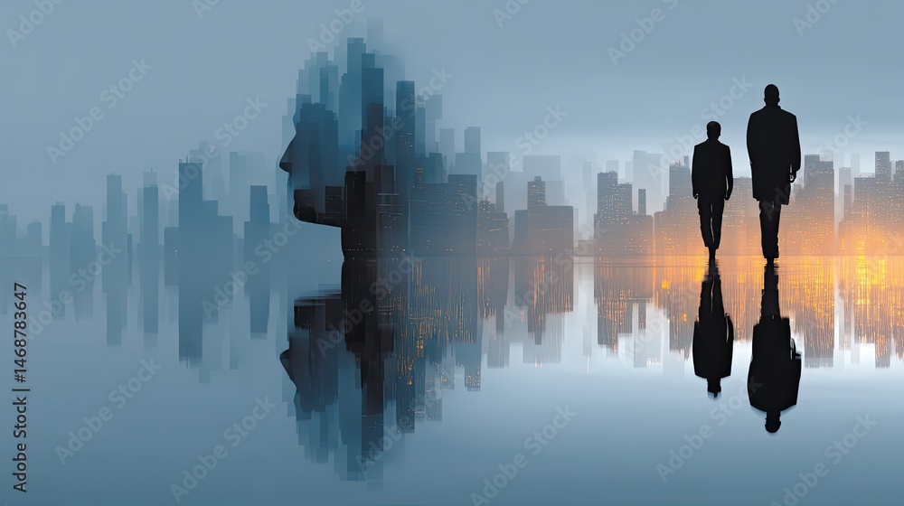 Poster Digital twins collaborating in a virtual cityscape artistic representation futuristic environment