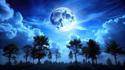 Dark blue sky with silhouetted trees and clouds under a bright full moon, serene atmosphere, cloudy sky at night