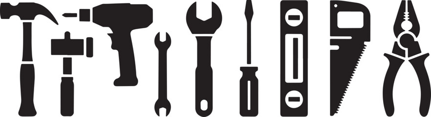Collection of various silhouetted construction tools featuring hammer drill saw wrench screwdriver pliers