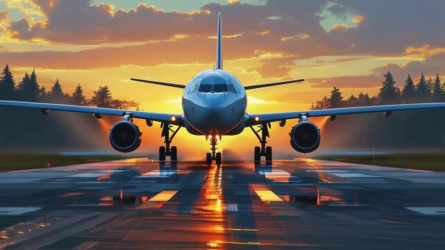 Passenger airplane taxiing on runway illuminated by dramatic sunset sky, cinematic aviation journey footage