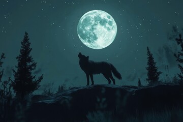 Wolf howling at the full moon under a starlit sky in a serene wilderness setting, Animation showing a wolf howling during the full moon