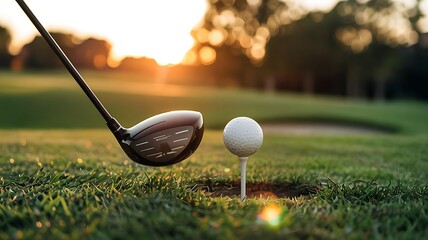 Golf Driver About To Hit Golf Ball At Sunset On Green Course Outdoors Sports Equipment Golfing Leisure Recreation Fairway