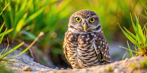Obraz premium Burrowing Owl Outside Burrow on Marco Island, nature, outside burrow, nature, outside burrow, owl behavior