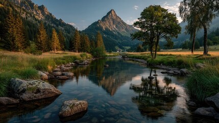 Tranquil river flowing through serene mountain landscape at sunset nature photography peaceful view