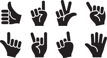 Collection of black hand gestures and symbols for various concepts and communication.