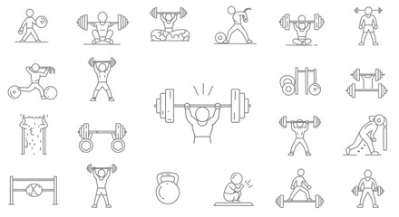 Linear fitness icons showcasing weightlifting climbing and exercise equipment