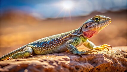 Obraz premium A lizard lies on a flat rock in the desert sun, its scales glistening with dew, rock, geology, rock, geology