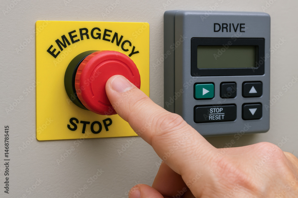 Poster emergency stop button pressed on machinery control panel with drive interface for safety and quick s