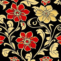Ornate floral pattern with red and gold blossoms.