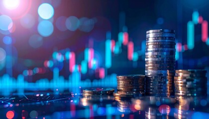 Image of a stock price line floating like a digital hologram with metal coins stacked underneath