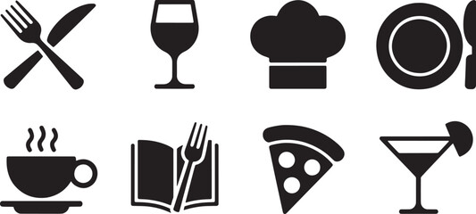 Collection of restaurant and food icons in a minimalist black and white design