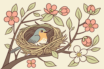 101 bird's nest, spring blossoms, blooming flowers, nature, pastoral scene, detailed illustration, vibrant colors, beautiful, serene, cozy, cute