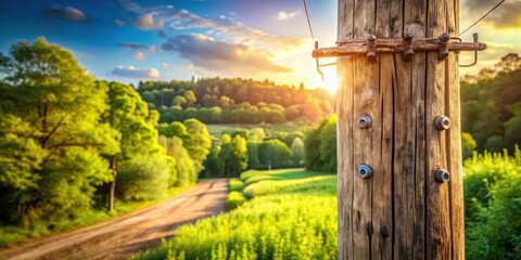 Wooden telephone pole with metal staples stuck into it, surrounded by lush green trees and a sunny sky, countryside